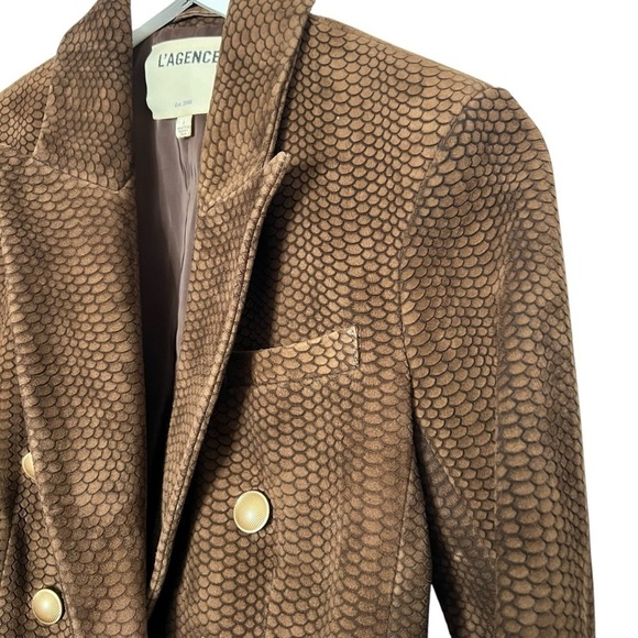 L'AGENCE Kenzie Double Breasted Lambskin Leather Snake Print Blazer Brown Size 2 - Picture 6 of 16